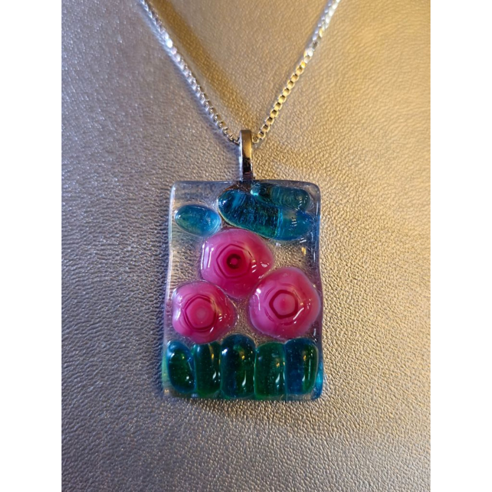 Artisan made fused glass pink/blue/green flower pendant necklace buy handmade